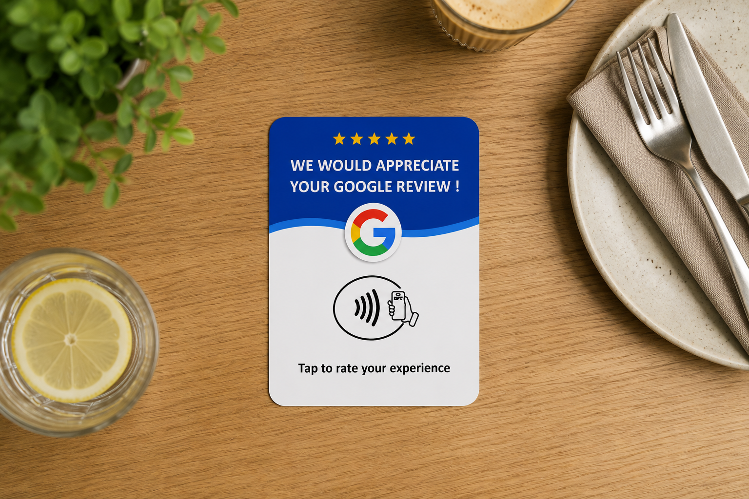 Revvo Tap Card on a restaurant table next to a glass of water and cutlery