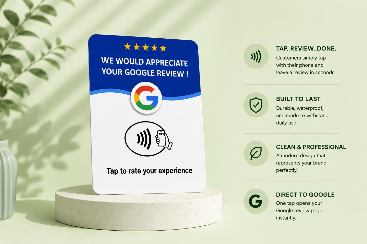 Revvo Tap Card standing upright, showing tap to review, built to last, clean and professional and direct to Google